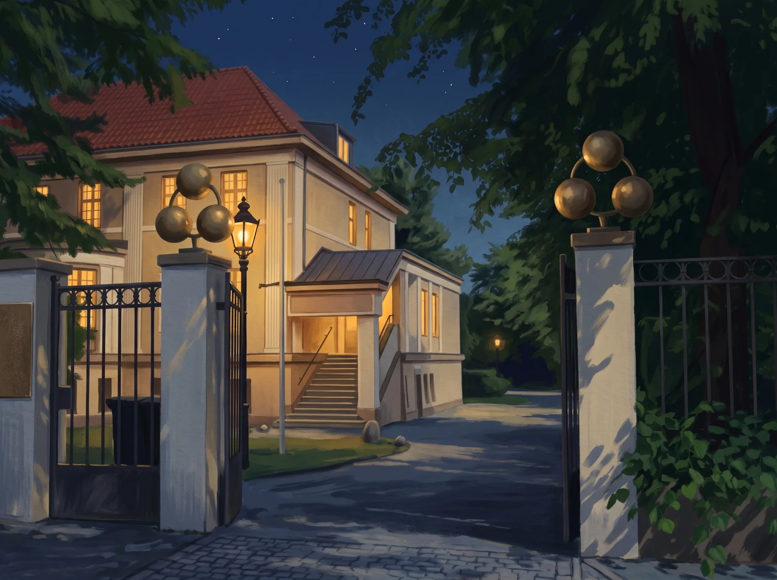 Illustration based on a photograph: the lodge house at Heerstraße 28 in Berlin, with its gateway, canopy and entrance steps