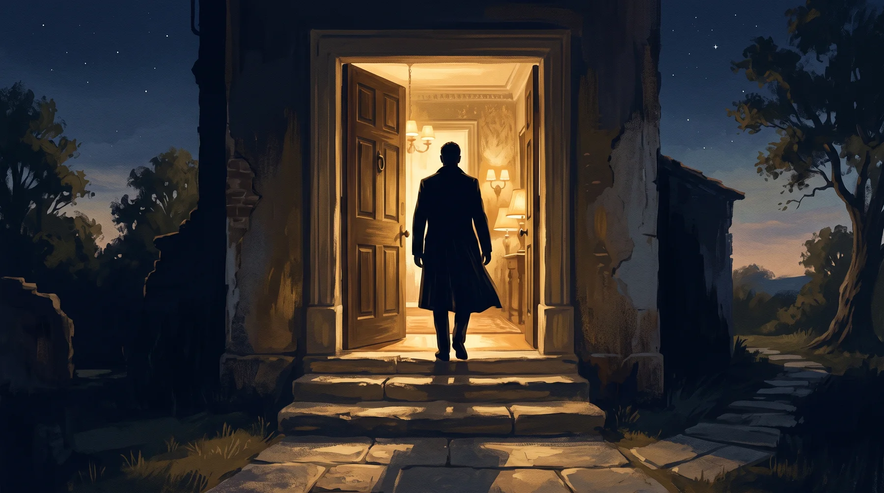 Illustration: an open, lit doorway, a man standing on the threshold